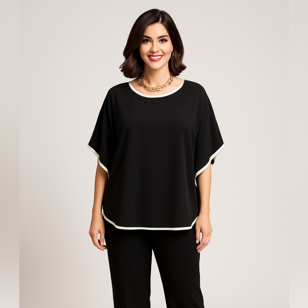 Black Poncho Top Made in USA Contrast Trim Flutter Sleeve Oversized - L - Picture 3 of 10